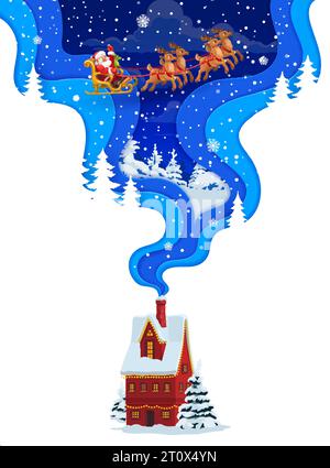 Carta natalizia invernale tagliata con la casa e babbo natale volante in slitta. Scheda vettoriale verticale vuota con babbo natale in slitta nel bosco notturno con fiocchi di neve. Modello di poster festivo con effetto di livello taglio carta 3d. Illustrazione Vettoriale