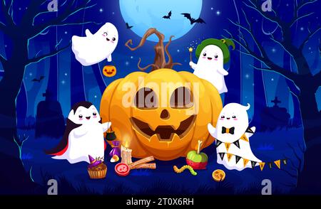 Fantasmi kawaii di Halloween e grande zucca nella foresta delle vacanze notturne con pipipistrelli e lapidi. Simpatici fantasmi vettoriali e spiriti mostri personaggi dei cartoni animati, trucchi o delizia lanterna di zucca, caramelle, cappello da strega Illustrazione Vettoriale