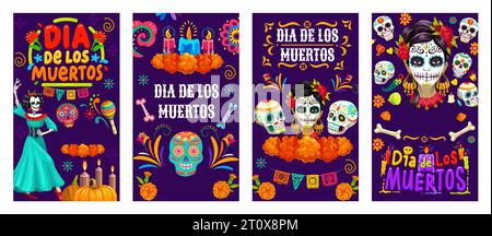 Bandiere natalizie di dia De Los Muertos, Halloween messicano calavera teschi personaggi vettoriali. Teschi di zucchero da cartoni animati, fiori di calendula, candele degli altare e bandiere tagliate in carta di papel picado Illustrazione Vettoriale