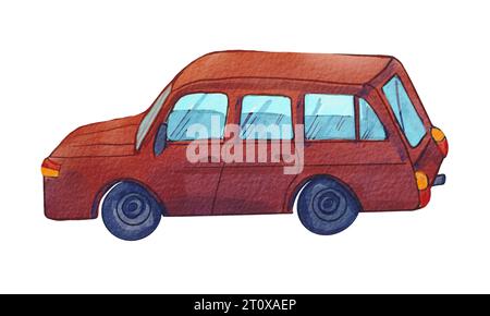 Auto retrò rossa dipinta ad acquerello a mano. Illustrazione acquerello di tecnica vintage. Dalla collezione escursionistica nella natura. L'auto sovietica è sui Foto Stock