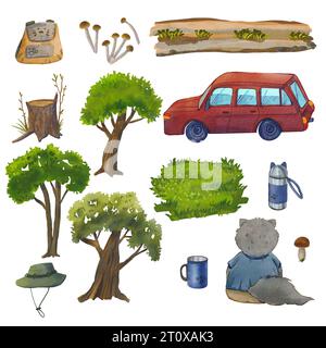 Una serie di escursioni nella foresta dipinte ad acquerello. Illustrazione di piante botaniche, oggetti. Stile cartoni animati. Adatto per composizioni, design, palo Foto Stock