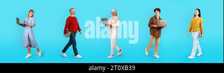 Collage di persone felici e multirazziali nomadi digitali con i computer Foto Stock