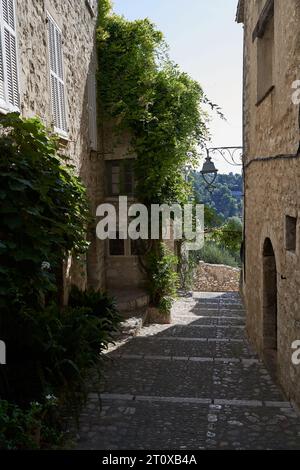 Saint-Paul de Vence, Francia - 11 agosto 2023 - vecchie case in pietra tradizionali in una strada nella città medievale di Saint Paul de Vence Foto Stock