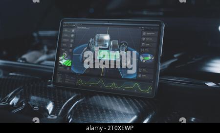 Lo schermo del tablet digitale mostra una visualizzazione grafica futuristica 3D dello sviluppo di un software professionale con un modello virtuale di veicolo elettrico 3D. Concetto di moderna tecnologia di diagnostica per auto. Foto Stock