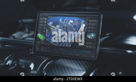 Lo schermo del tablet digitale mostra una visualizzazione grafica futuristica 3D dello sviluppo di un software professionale con un modello virtuale di veicolo elettrico 3D. Concetto di moderna tecnologia di diagnostica per auto. Foto Stock