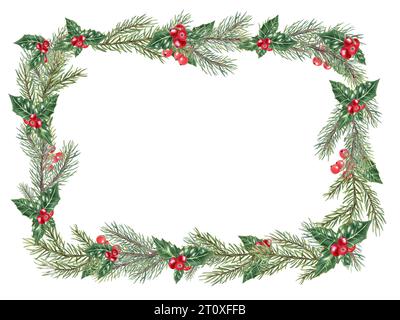 Cornice in abete natalizio. Foglie di ilex verde con mazzo di bacche rosse. Abete rosso, abete rosso, piante sempreverdi, foglie di zappa. Spazio di copia per il testo. Acquerello Foto Stock