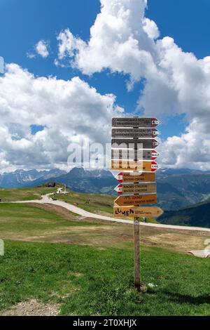 Plan de Corones, Italia-14 giugno 2023; cartello sulla vetta del Plan de Corones a quota 2.275 metri sul livello del mare nelle Dolomiti con Messner Mo Foto Stock