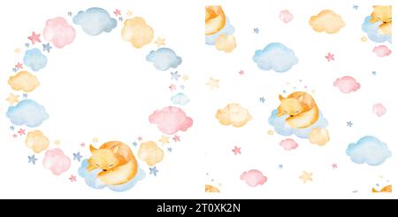 Modello di cornice per bambini e motivo senza cuciture per bambini. Un set di illustrazioni per bambini ad acquerello per carte, design di abiti, applicazione su tessuti e. Foto Stock