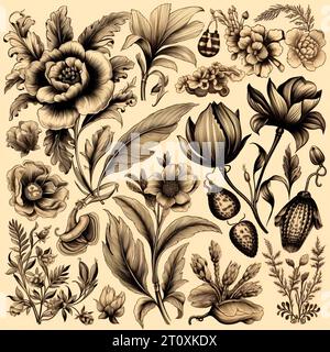 Disegni in bianco e nero di fiori e piante, disegni a mano - immagine Foto Stock