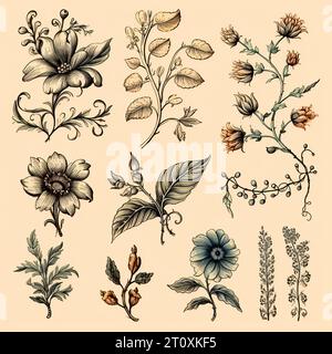 Disegni in bianco e nero di fiori e piante, disegni a mano - immagine Foto Stock