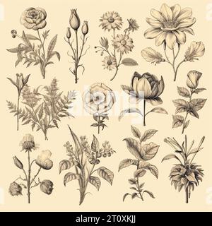 Disegni in bianco e nero di fiori e piante, disegni a mano - immagine Foto Stock