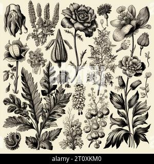 Disegni in bianco e nero di fiori e piante, disegni a mano - immagine Foto Stock