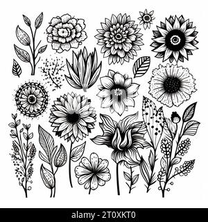 Disegni in bianco e nero di fiori e piante, disegni a mano - immagine Foto Stock