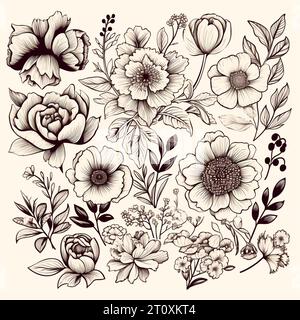 Disegni in bianco e nero di fiori e piante, disegni a mano - immagine Foto Stock
