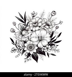 Disegni in bianco e nero di fiori e piante, disegni a mano - immagine Foto Stock