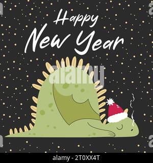 Biglietto d'auguri per felice anno nuovo con un grazioso drago addormentato che indossa il cappello di Babbo Natale. Illustrazione vettoriale in stile cartone animato. Illustrazione Vettoriale