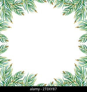 Telaio rami quadrati di abete acquerello. Illustrazione disegnata a mano isolata su bianco, decorazione per Natale e Capodanno Foto Stock