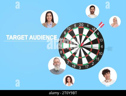 Destinatari. Freccette circondate da foto di potenziali clienti su sfondo azzurro Foto Stock