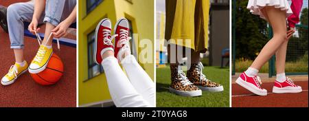 Foto di donne in eleganti sneakers all'aperto, design collage Foto Stock