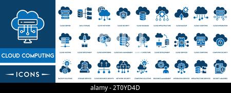 Set di icone di cloud computing, servizi cloud, server, cyber sicurezza, trasformazione digitale. Raccolta di icone di contorno. Illustrazione Vettoriale