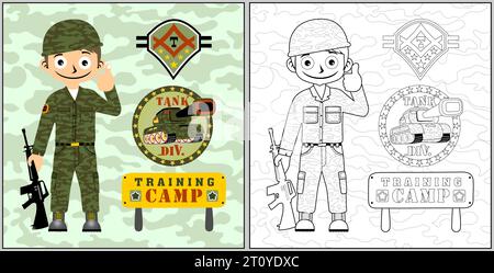 Cartone animato vettoriale di giovane soldato con veicolo blindato su sfondo mimetico, libro da colorare o pagina Illustrazione Vettoriale