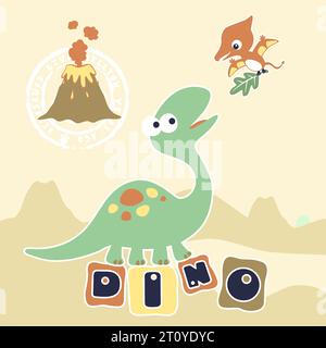 cartoni animati vettoriali di divertenti dinosauri con eruzione vulcanica Illustrazione Vettoriale