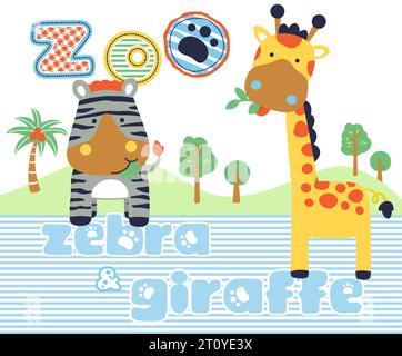 Divertente zebra con giraffa nello zoo, illustrazione di cartoni animati vettoriali Illustrazione Vettoriale