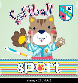 cartone animato vettoriale con divertente gatto in costume da giocatore di baseball con elemento da baseball Illustrazione Vettoriale