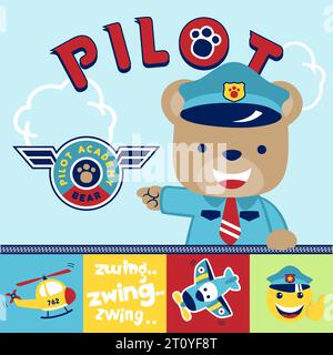 cartoni animati vettoriali di orso carino in uniforme pilota con elementi aerei Illustrazione Vettoriale