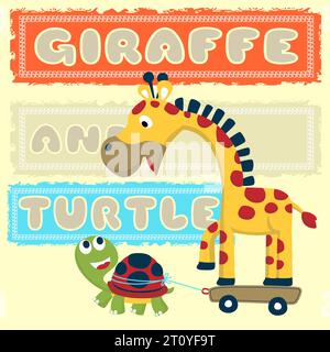 cartoni animati vettoriali di divertente giraffa e tartaruga Illustrazione Vettoriale