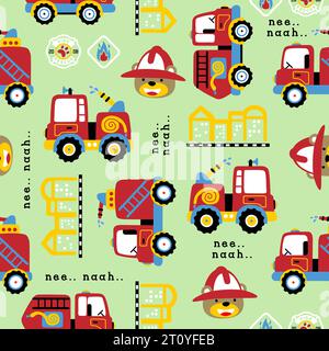 modello vettoriale senza cuciture di elementi per camion dei pompieri con divertente cartone animato con casco da pompiere Illustrazione Vettoriale
