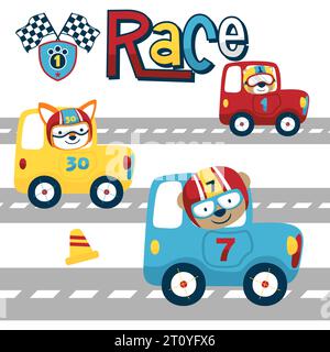 cartoni animati vettoriali di corse automobilistiche con simpatici animali Illustrazione Vettoriale