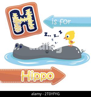 Illustrazione vettoriale della piccola anatra in piedi sul dorso dell'ippopotamo in acqua, grafica educativa per i bambini Illustrazione Vettoriale