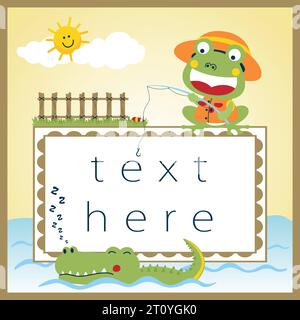 Modelli di carte di invito, divertente pesca con rane, coccodrillo in acqua, illustrazione di cartoni animati vettoriali Illustrazione Vettoriale