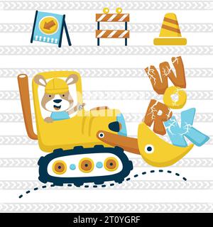 Vettore di cartoni animati di un simpatico veicolo da costruzione che guida canguri sullo sfondo delle tracce degli pneumatici, elementi costruttivi Illustrazione Vettoriale