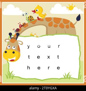Modello cornice per la scheda di invito. Illustrazione vettoriale del cartone animato animali. Anatra, lumaca, formica, coccinella e bruco sul collo della giraffa Illustrazione Vettoriale