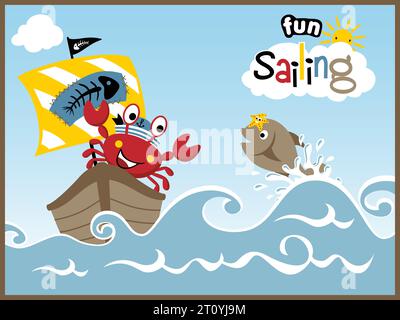 Cartone animato vettoriale di granchi su barca a vela, animali marini in mare. Granchio, pesce, stelle marine. Illustrazione Vettoriale
