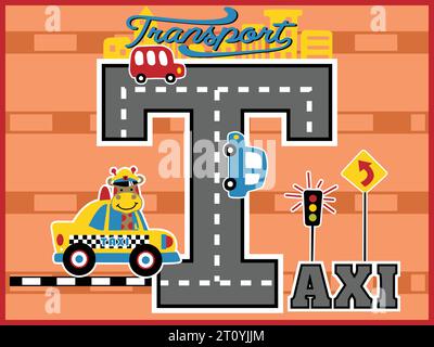 Trasporti vettoriale di cartoni animati con graziosa giraffa su taxi giallo, illustrazione degli elementi del traffico su testo di TAXI grande Illustrazione Vettoriale