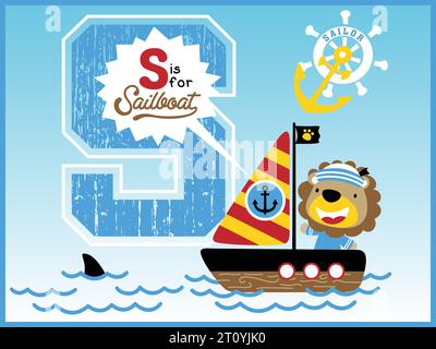 Cartone animato vettoriale di leone carino in costume da marinaio su barca a vela, illustrazione di elementi a vela Illustrazione Vettoriale