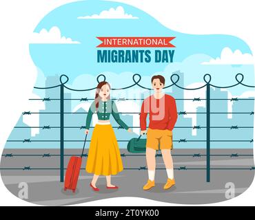 Giornata internazionale dei migranti illustrazione vettoriale il 18 dicembre con le persone immigrate e i rifugiati per la protezione dei diritti umani sullo sfondo Illustrazione Vettoriale