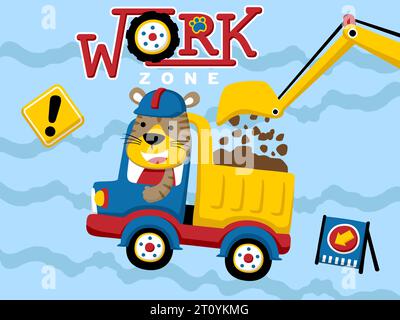 vettoriale di cartoni animati per veicoli da costruzione con simpatico driver tigre, illustrazione degli elementi di costruzione Illustrazione Vettoriale