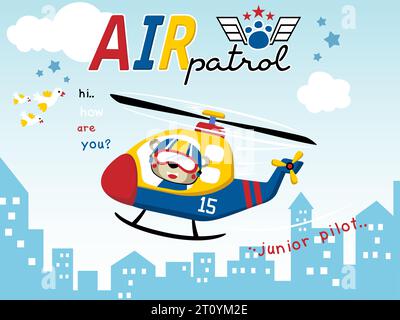 Illustrazione vettoriale del divertente pilota di orsi animati su un elicottero attraverso gli edifici con branco di uccelli Illustrazione Vettoriale