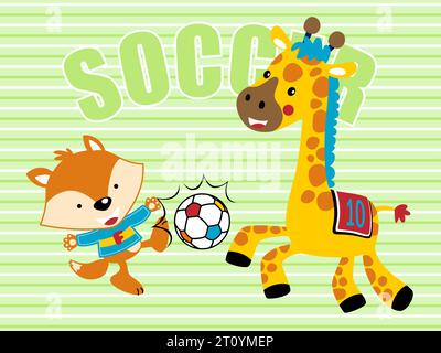Divertente piccola volpe che gioca a calcio con giraffa su sfondo a righe Illustrazione Vettoriale