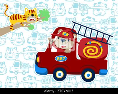 Porta il vigile del fuoco alla guida di un camion dei pompieri per salvare un gatto sui rami degli alberi, modello senza cuciture di camion dei pompieri con il volto sorridente degli animali Illustrazione Vettoriale