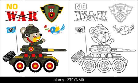 Cartoni animati vettoriali con un simpatico orso in costume da soldato su un veicolo militare, un uccello che porta fiori. libro o pagina da colorare Illustrazione Vettoriale