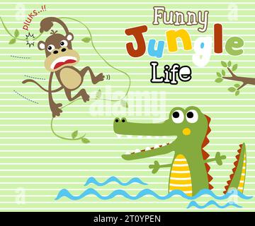 Illustrazione vettoriale di coccodrillo sull'acqua, scimmia appesa a vigne rotte Illustrazione Vettoriale