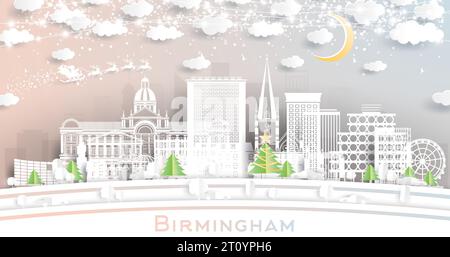 Birmingham, Regno Unito. Skyline della città invernale in stile cartaceo con fiocchi di neve, luna e ghirlanda al neon. Natale e Capodanno. Illustrazione Vettoriale