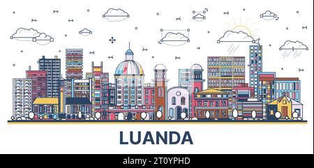 Delinea lo skyline di Luanda Angola con edifici colorati moderni e storici isolati su bianco. Illustrazione vettoriale. Paesaggio urbano di Luanda con monumenti storici. Illustrazione Vettoriale