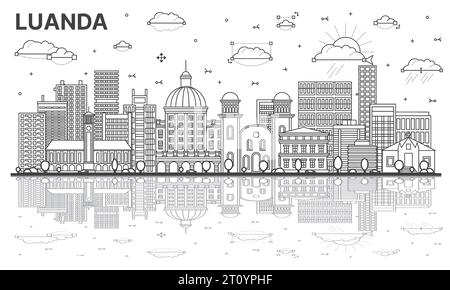 Delinea lo skyline di Luanda Angola con edifici moderni e riflessi isolati su bianco. Illustrazione vettoriale. Paesaggio urbano di Luanda con monumenti storici. Illustrazione Vettoriale