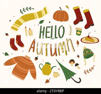 Set vettoriale di elementi autunnali. Scrittura isolata degli elementi di design Illustrazione Vettoriale